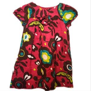 Mini Boden magenta teal & brown dress, 100% cotton, puff sleeve, size 5-6